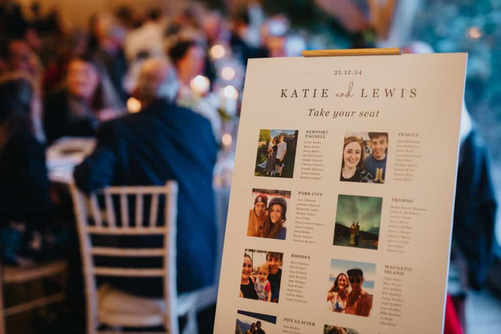 Personalised wedding seating plan at Birtsmorton Court, featuring travel-themed table names inspired by the couple’s adventures. A unique and intimate touch to this elegant winter wedding in the Cotswolds, with guests enjoying a beautifully styled reception filled with warm candlelight and festive florals.