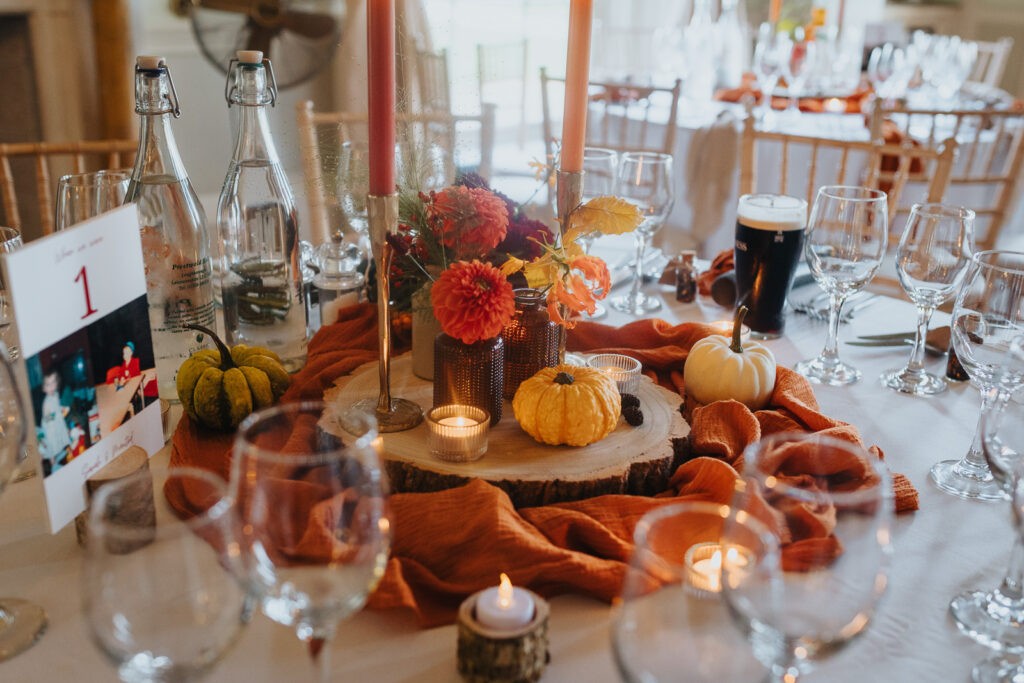 Prestwold Hall autumn wedding table top decorations