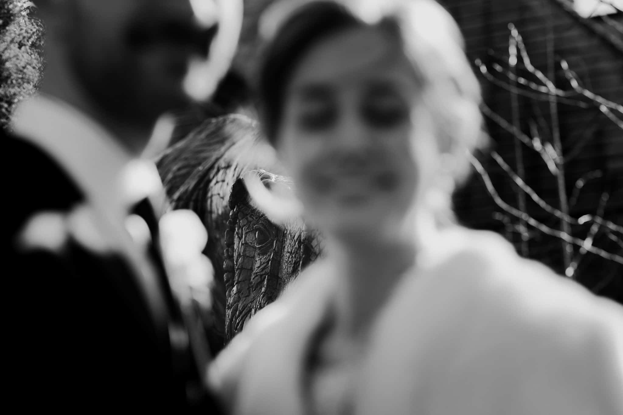 A unique wedding photo where the couple is blurred in the foreground, drawing focus to a dinosaur’s eye in the background. A striking and artistic Oxfordshire wedding moment.