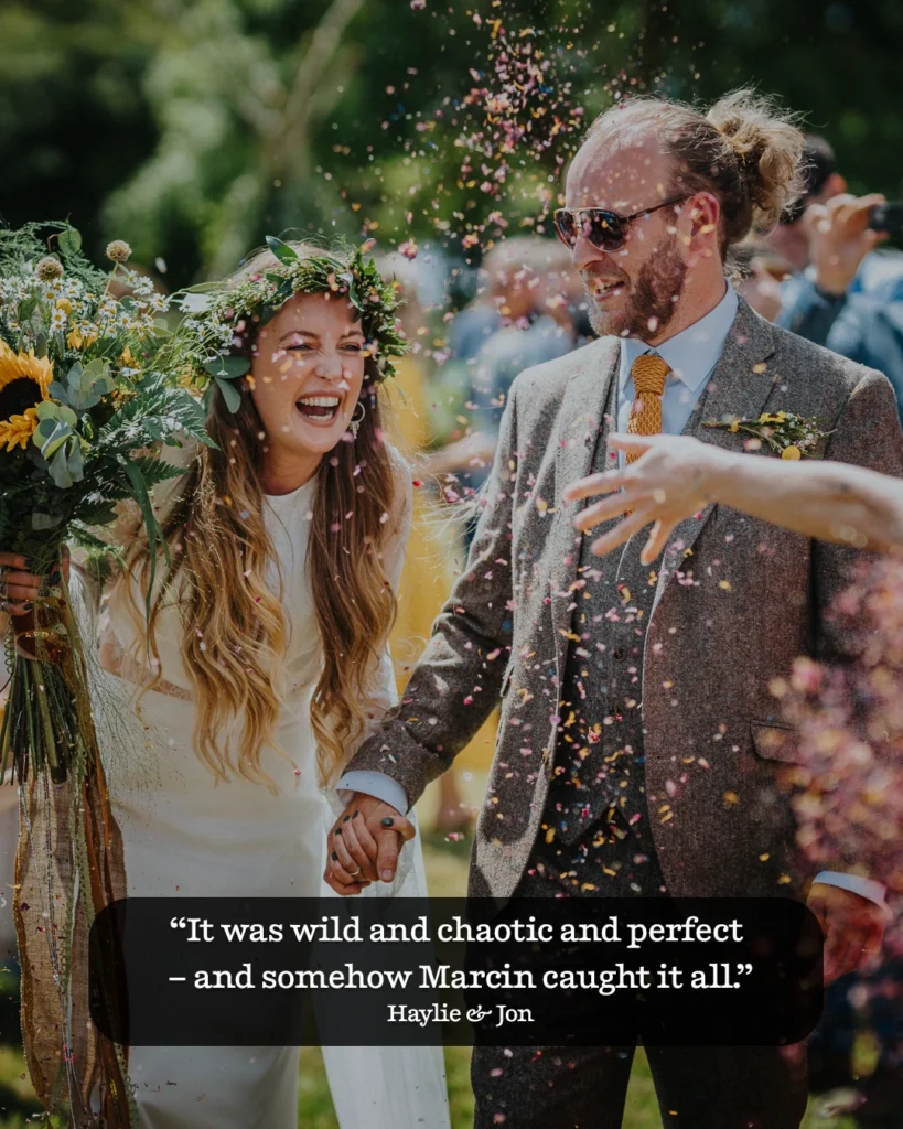 Bride and groom laughing as confetti rains down during outdoor wedding