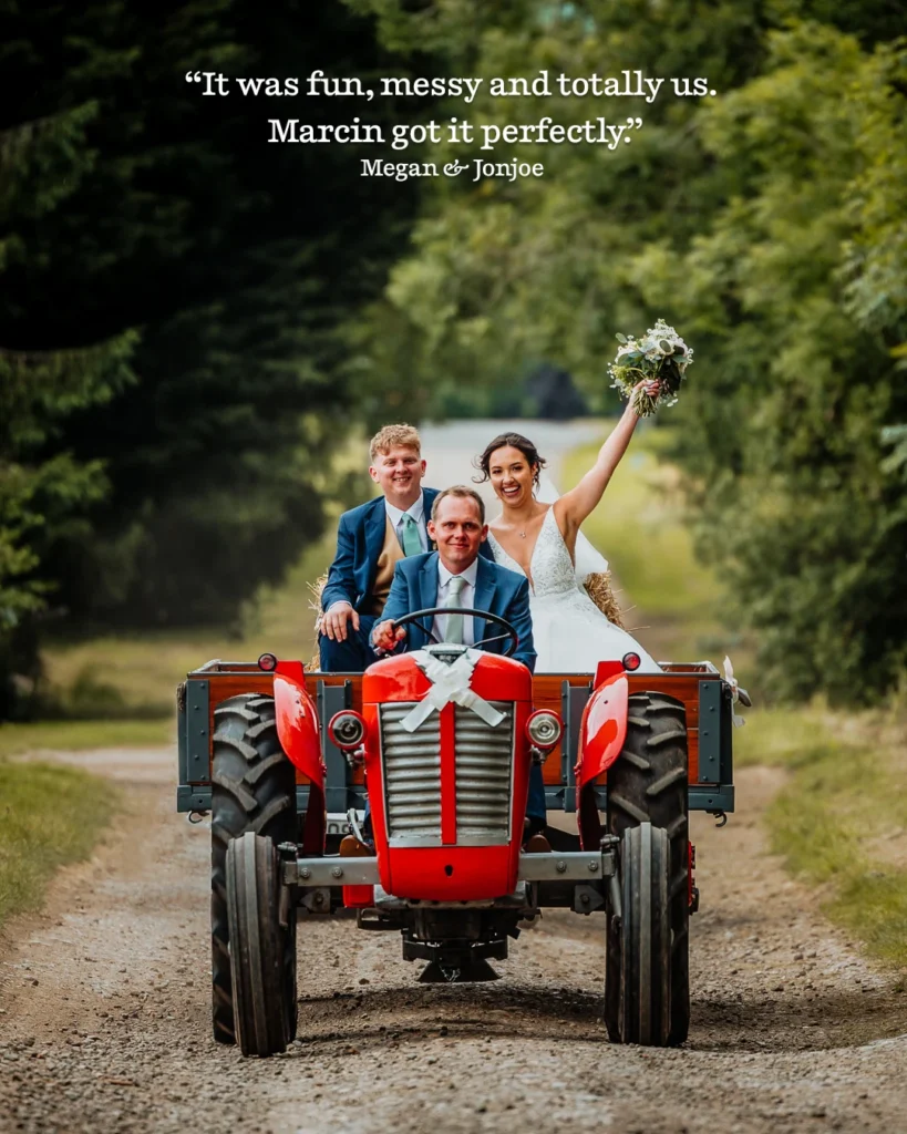 Bride and groom with best man riding a decorated red tractor after their wedding
