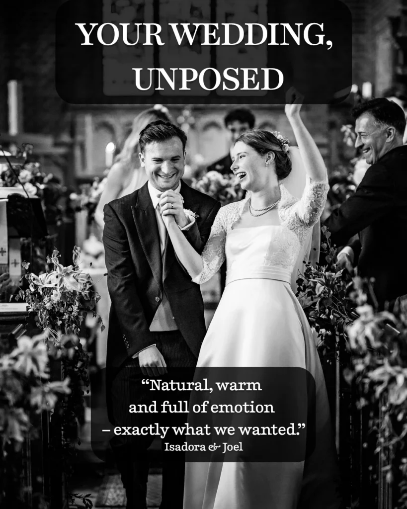 Bride and groom laughing and celebrating during a natural church wedding ceremony
